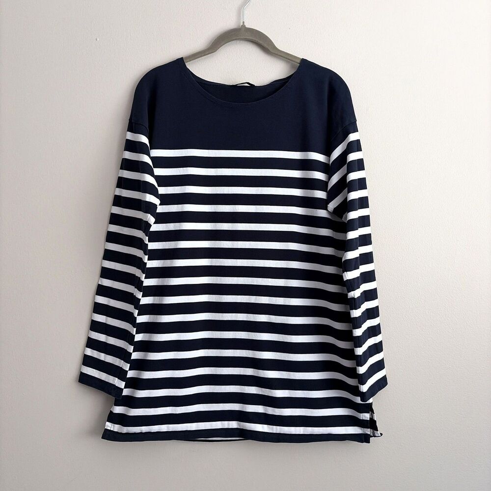 J. Crew Blue White Striped Round Neck Cotton Tunic Top Size Medium Nautical